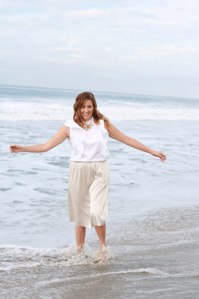 The perfect family photo outfit or holiday look with a ruffle top and shimmery skirt.