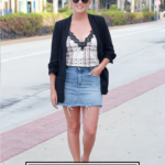 5 Ways To Style A Blazer For Summer featured by popular US style Blogger, The Fashionista Momma; woman wearing denim skirt and blazer.